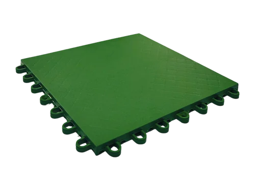 Placa de piso modular Pinova verde, com a face superior fechada e texturizada